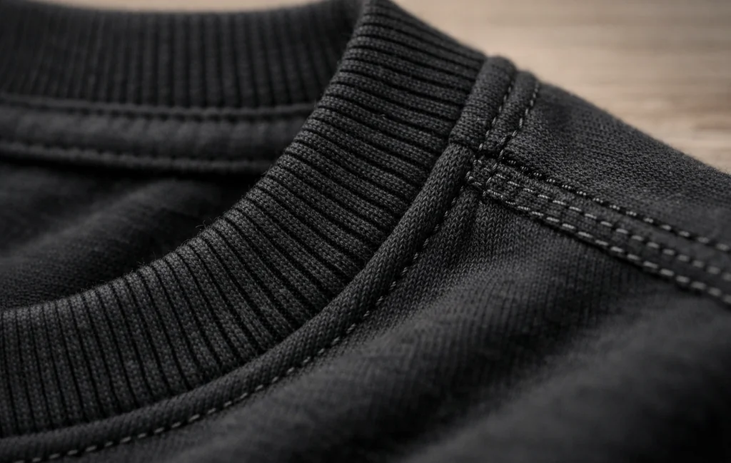 Close-up of collar stitching and taped shoulder construction on a heavyweight cotton music tee.