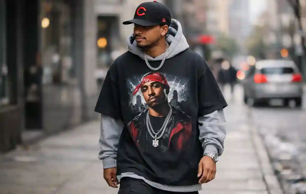 Hip-hop graphic tee styled with layered streetwear in an urban environment.