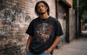 Person wearing a heavyweight music graphic shirt in an urban setting with visible cotton texture and structured fit.