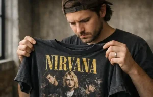 Person inspecting a real vintage band shirt to check stitching and cracked print details.