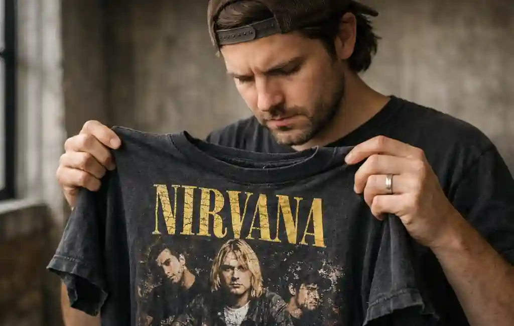 Person inspecting a real vintage band shirt to check stitching and cracked print details.