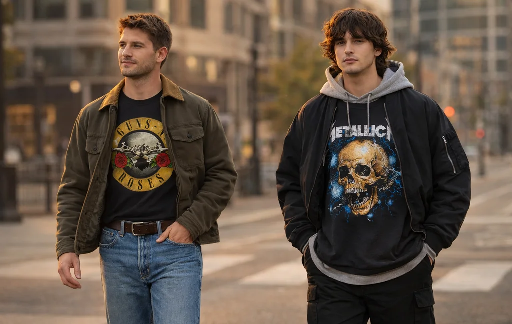 Outfit ideas showing how to style classic rock shirts and modern rock tees for everyday streetwear.
