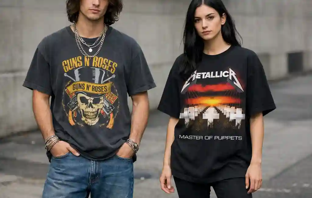 Two young adults showing how to style rock band tees with vintage and modern streetwear outfit combinations
