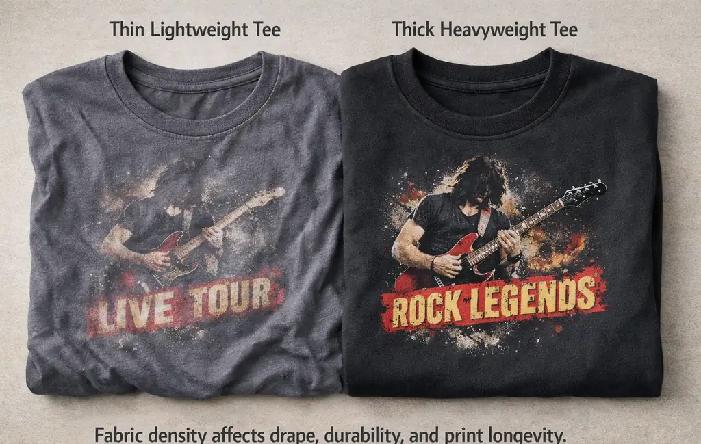 Side-by-side comparison of thin fast-fashion shirt fabric and thicker heavyweight music graphic tee material.