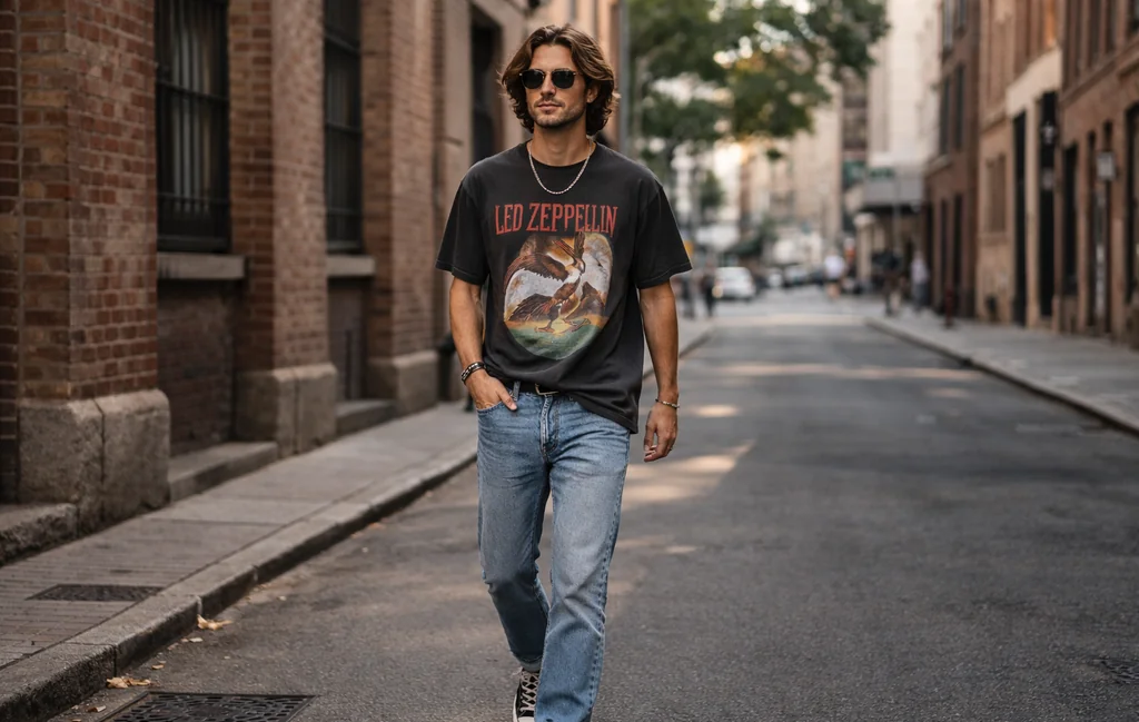 Man wearing a vintage rock band t-shirt styled with jeans and sneakers in a casual streetwear outfit.