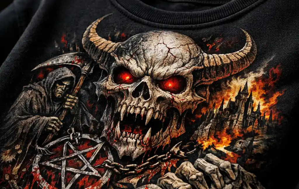 Close-up of intricate metal band graphic artwork printed on heavyweight cotton tee.