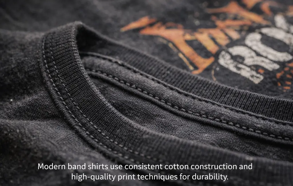Detailed view of cotton fabric and stitching on a modern rock band T-shirt.