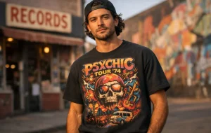 Model wearing one of the most artistic music graphic tees featuring bold psychedelic band-inspired artwork in an urban setting.
