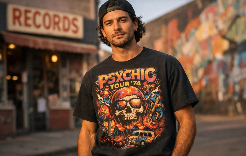 Model wearing one of the most artistic music graphic tees featuring bold psychedelic band-inspired artwork in an urban setting.