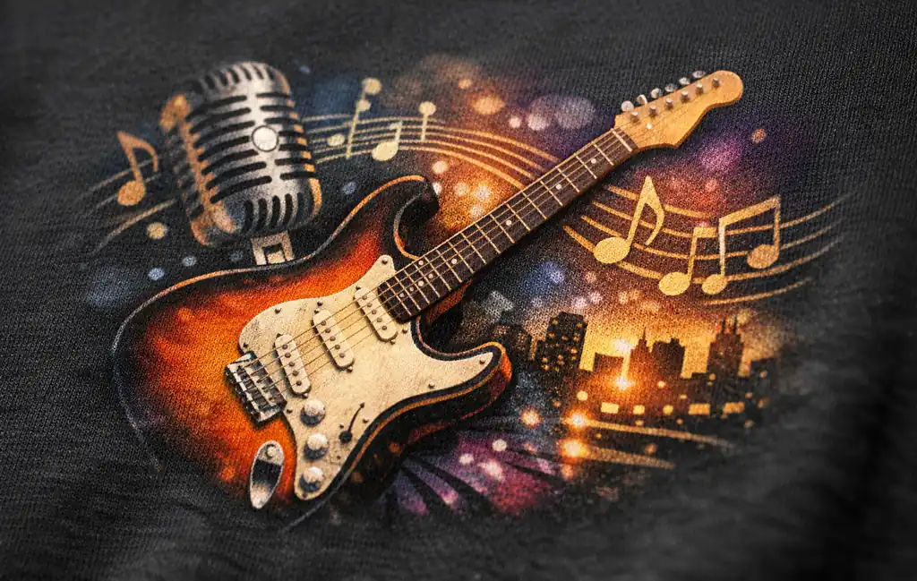 Detailed view of smooth graphic print on cotton music shirt without cracking or peeling.