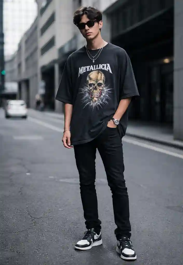 Oversized rock band tee styled with black slim jeans and sneakers for a modern streetwear look.