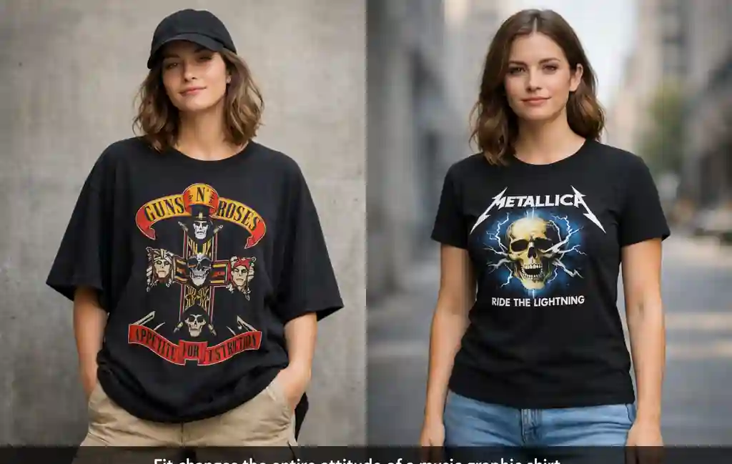 Model wearing oversized and structured fit music graphic tees to compare silhouette and drape.