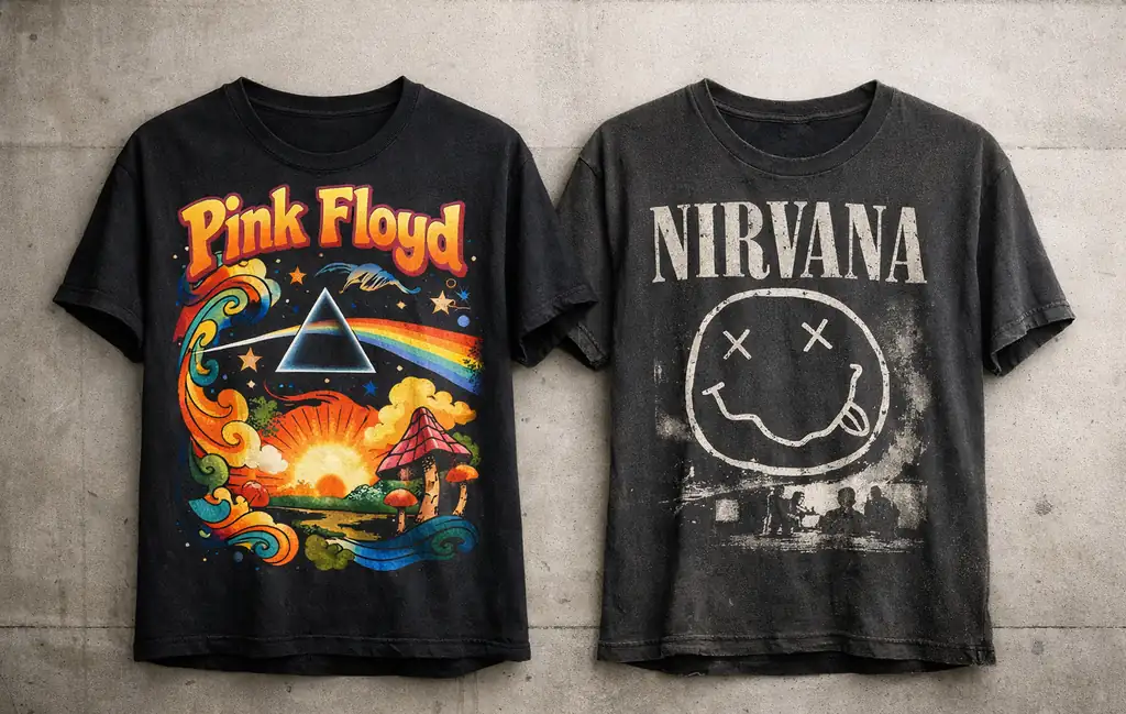 Collection of music graphic tees representing psychedelic 70s and grunge 90s design eras displayed side by side.