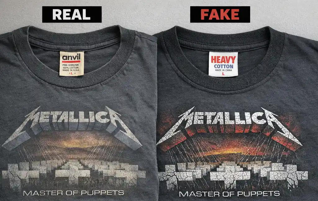 Side-by-side comparison of real and fake vintage band shirts showing tag and print differences.