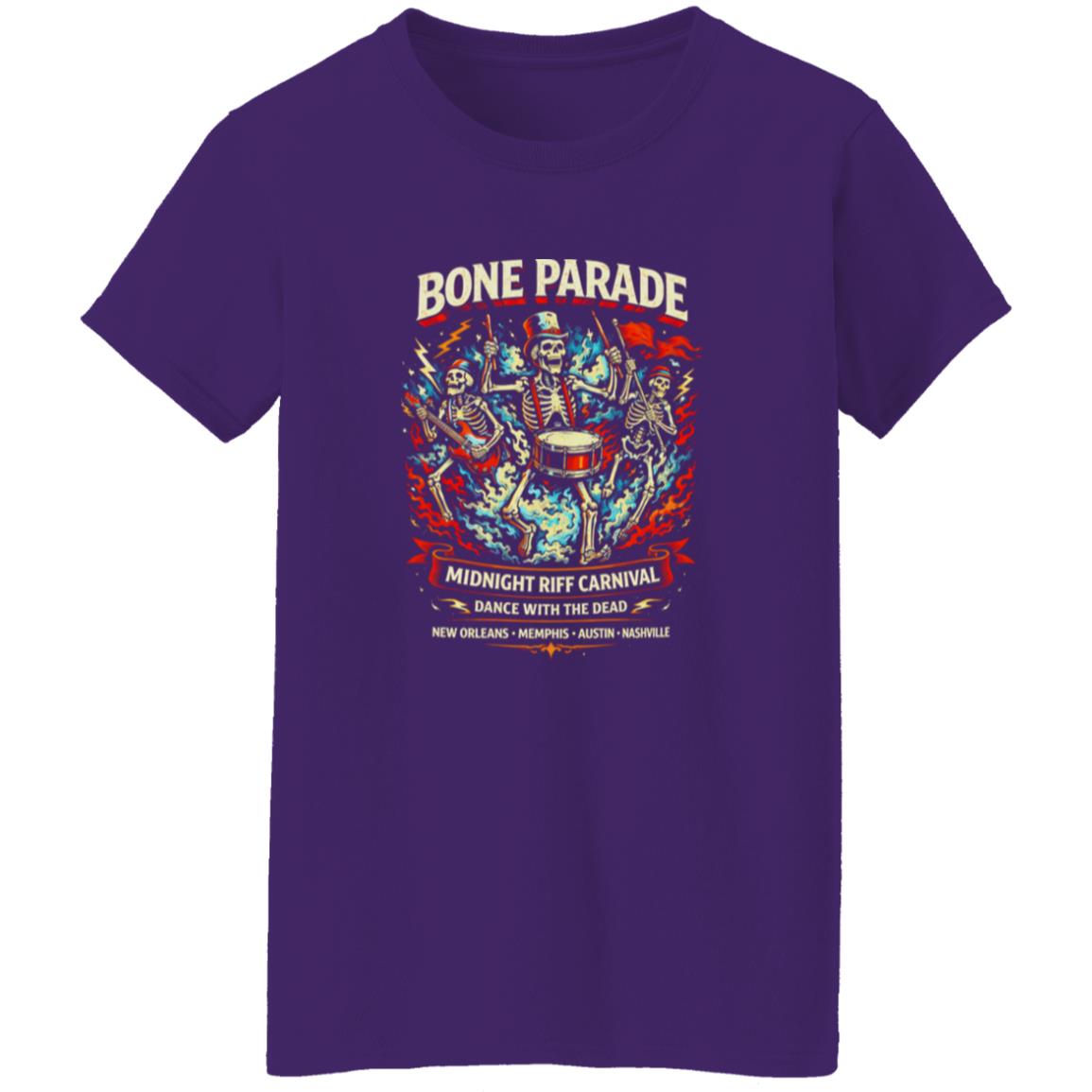 1054-10065-108594723 Bone Parade Skeleton Rock Carnival Shirt