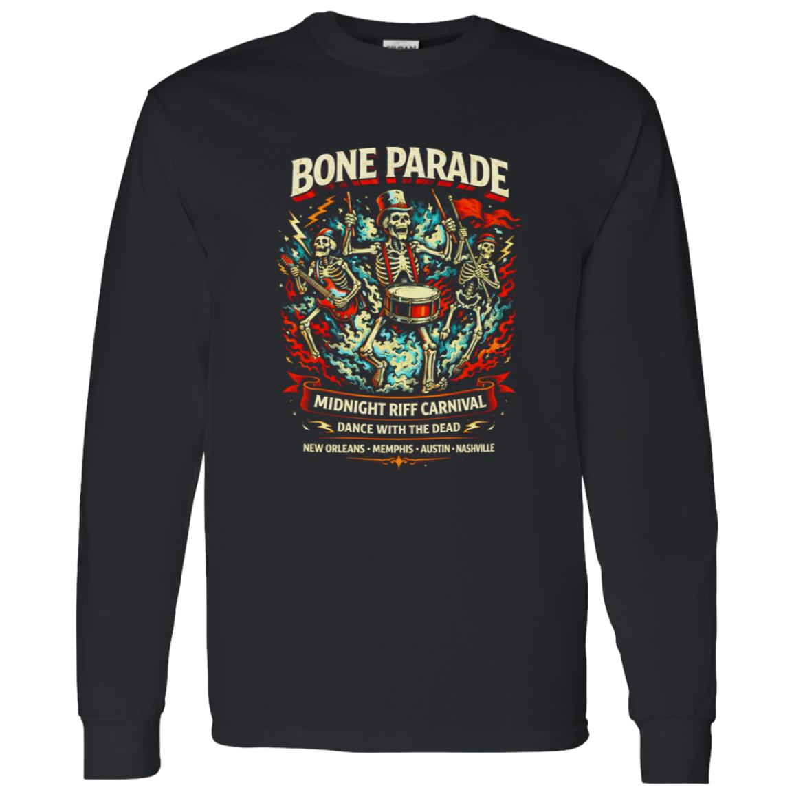 1062-10145-108594724 Bone Parade Skeleton Rock Carnival Shirt