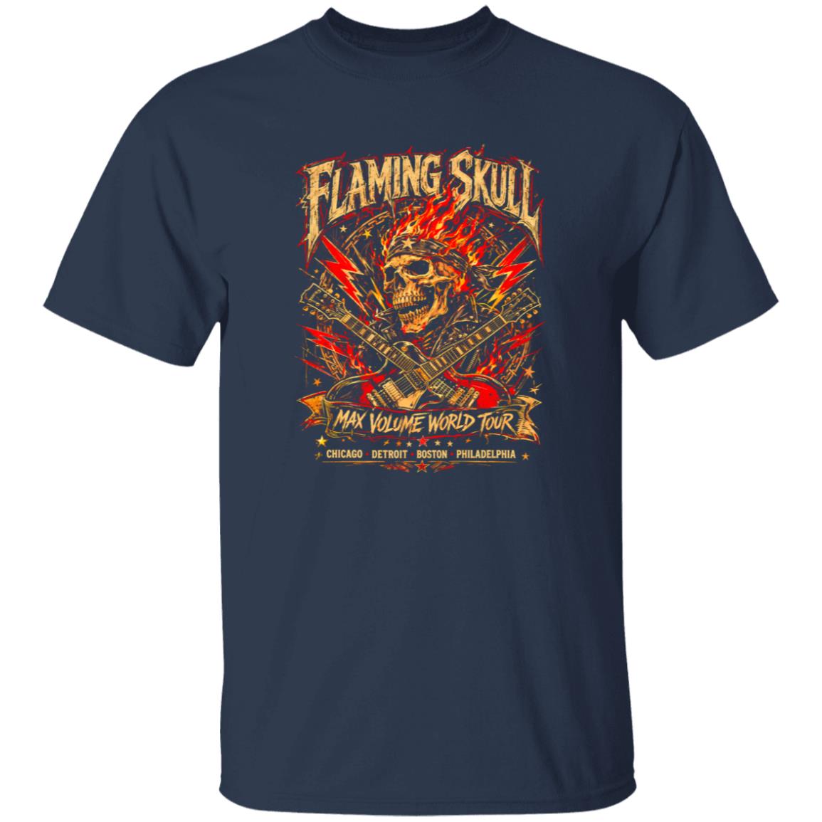 1049-9966-108618305 Flaming Skull Biker Arena Rock Max Volume World Tour Shirt