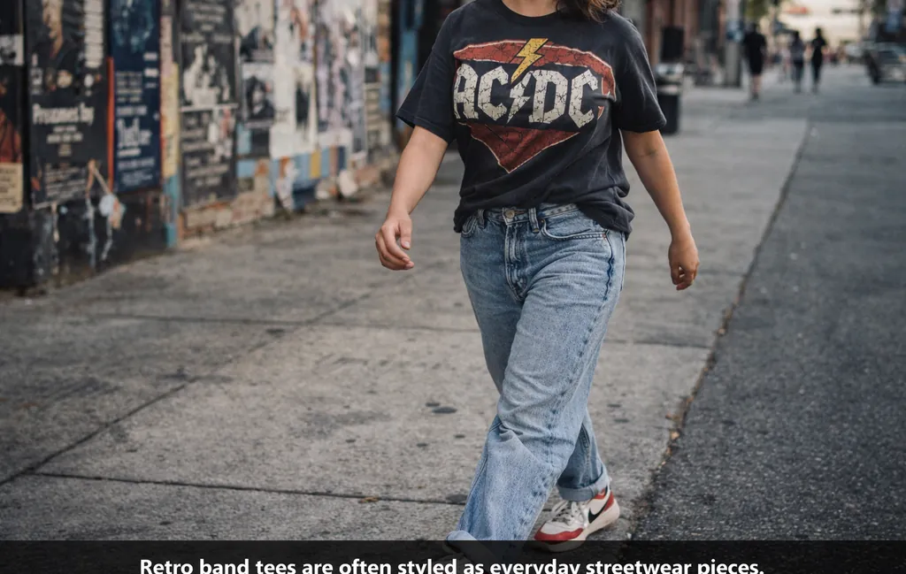 Streetwear outfit featuring a retro band tee styled with denim and sneakers.