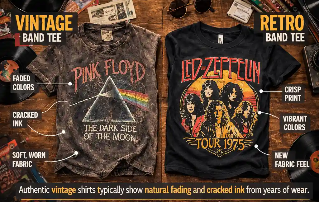 Comparison of faded vintage band tee print versus clean retro band shirt graphic.