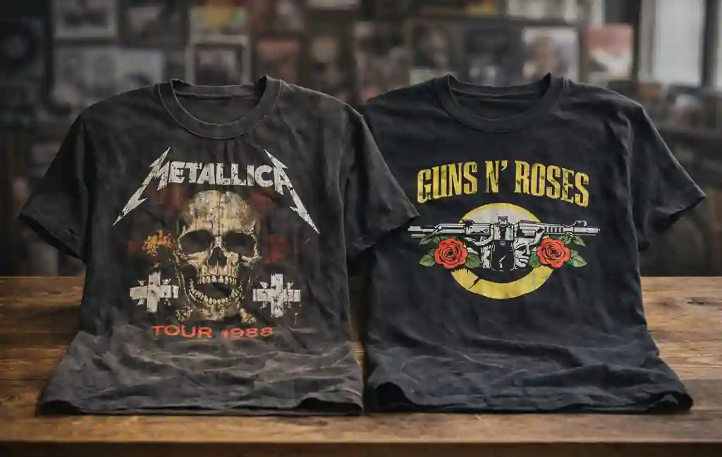 Side-by-side comparison showing a faded vintage band tee next to a clean retro band tee design.