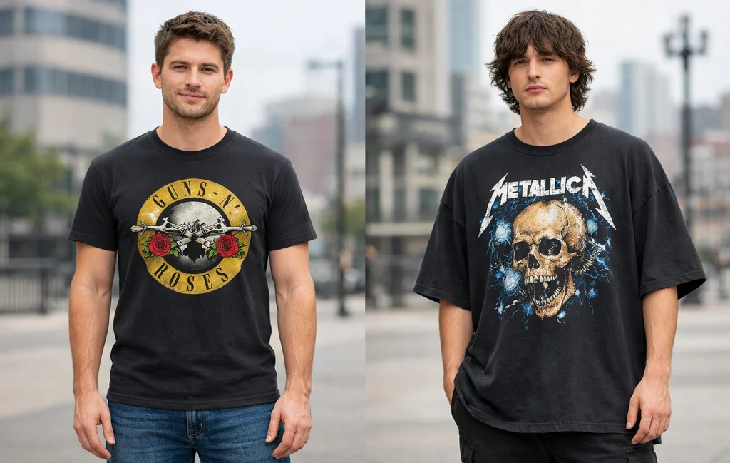 Comparison of relaxed classic rock shirt fit versus oversized modern rock band tee silhouette.