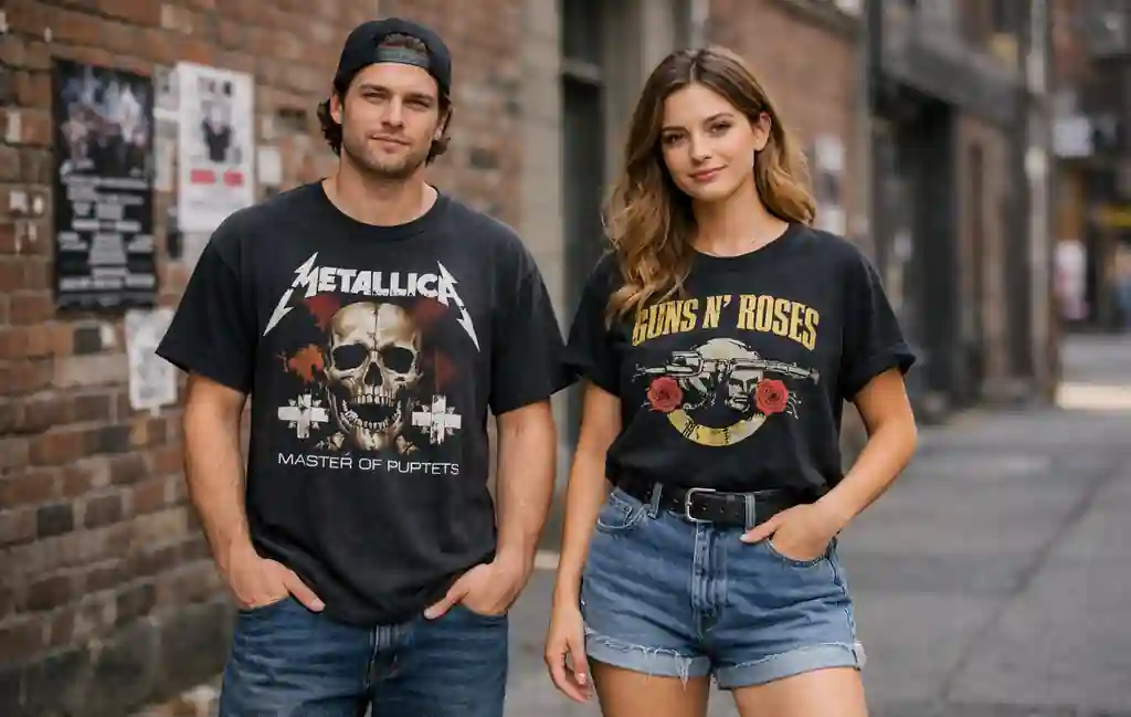 Men and women wearing rock band shirts showing the difference in fit and styling between men's and women's band tees.