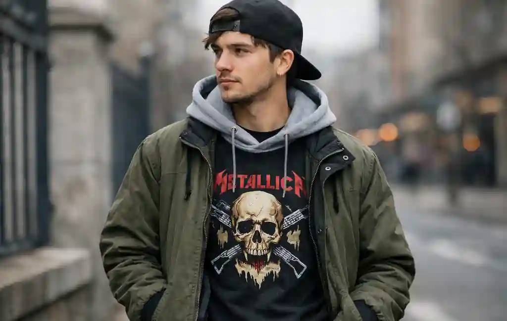 Rock band shirt layered with a hoodie and jacket for fall streetwear styling.