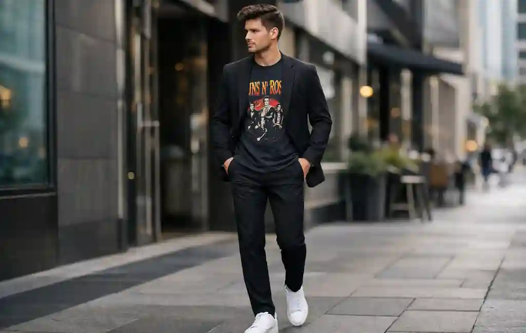 Rock band tee styled under a tailored jacket for a smart casual outfit.