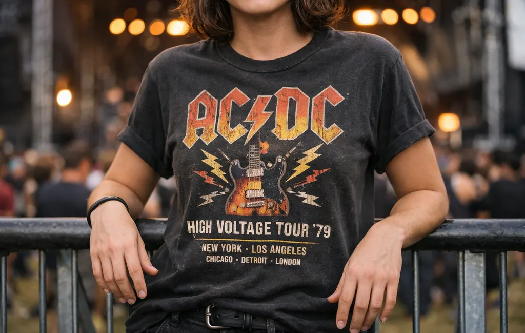 Vintage-inspired rock music graphic tee worn in a live concert atmosphere.