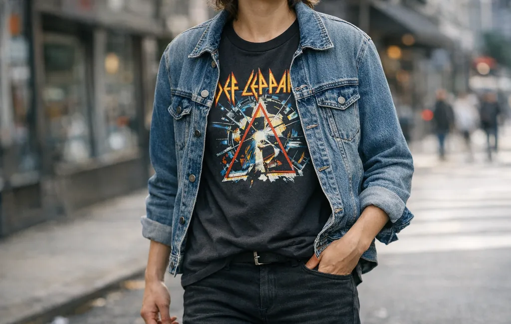 Street style outfit featuring an 80s rock band shirt with denim jacket and black jeans