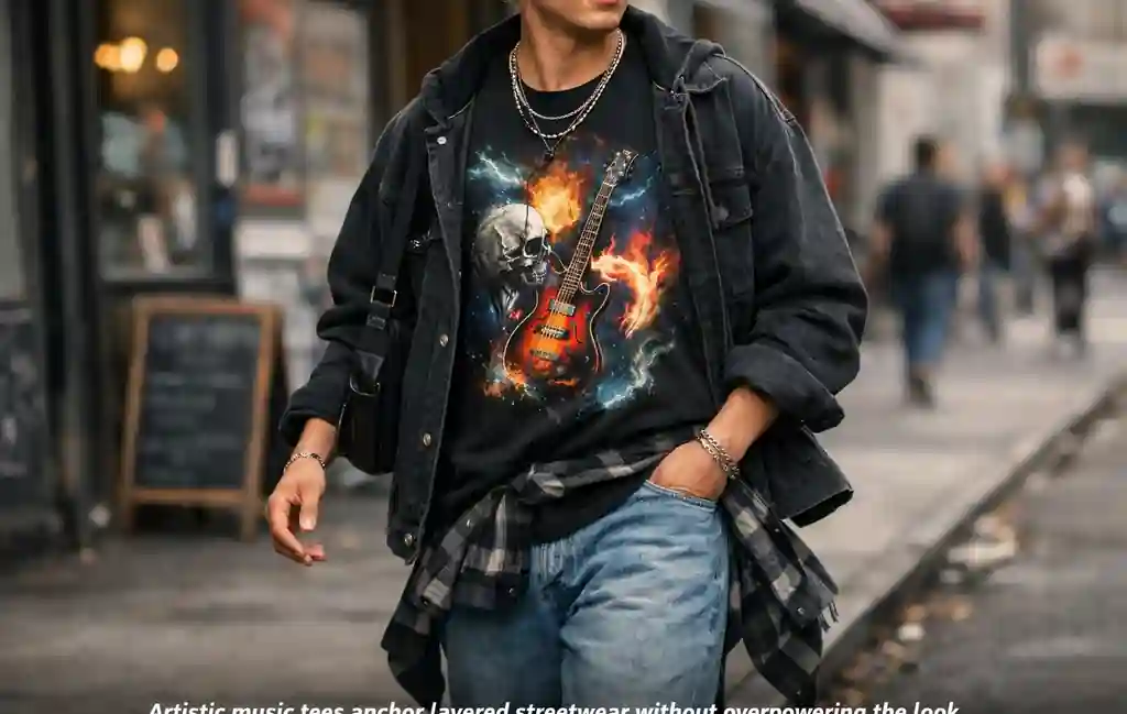 Streetwear outfit featuring an artistic music graphic shirt paired with relaxed denim and layered accessories.