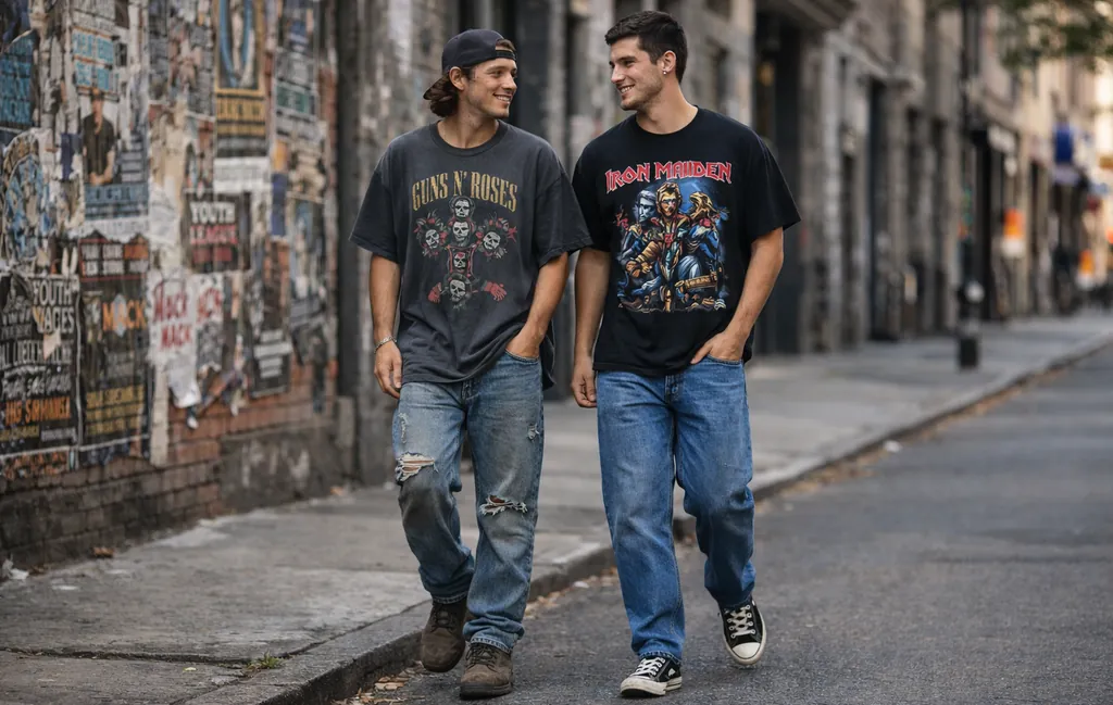 Streetwear outfits featuring vintage band tee and modern rock band shirt styled with denim and sneakers.