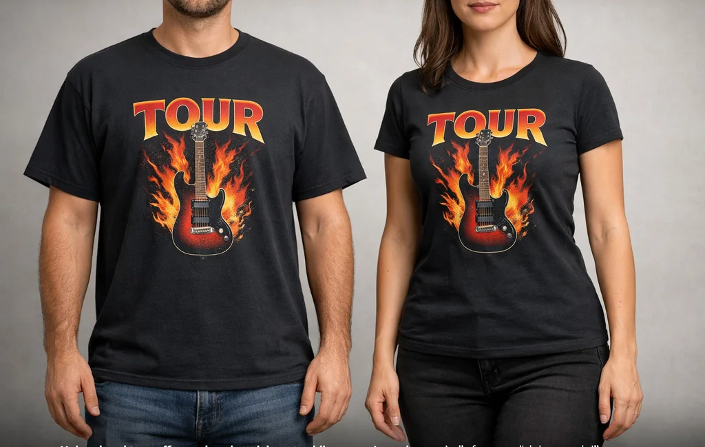 Side-by-side comparison showing the fit difference between a unisex rock band shirt and a women's fitted band tee.