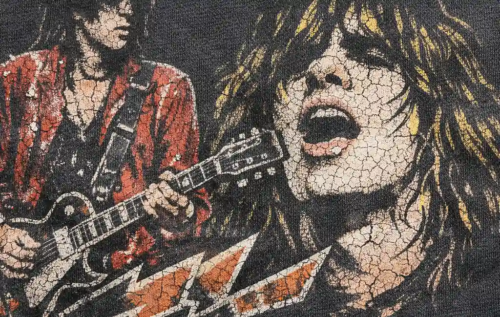 Cracked screen print detail on a faded vintage rock band shirt graphic.