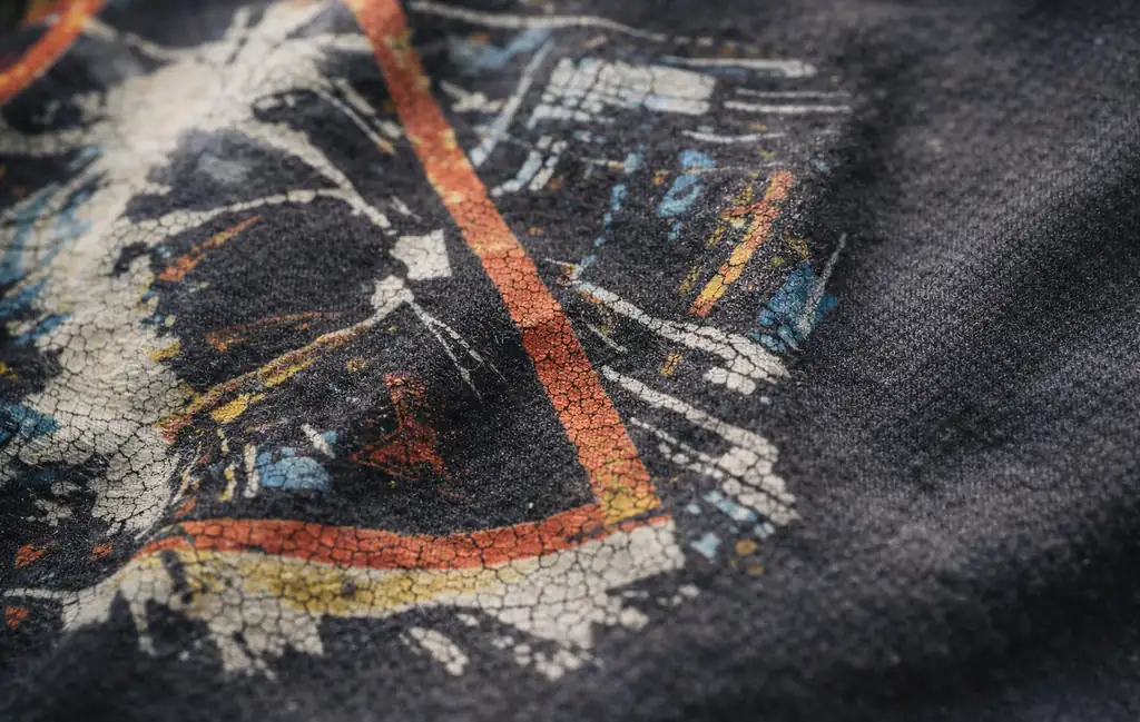 Close-up detail of cracked graphic print and faded cotton on a vintage rock band T-shirt.