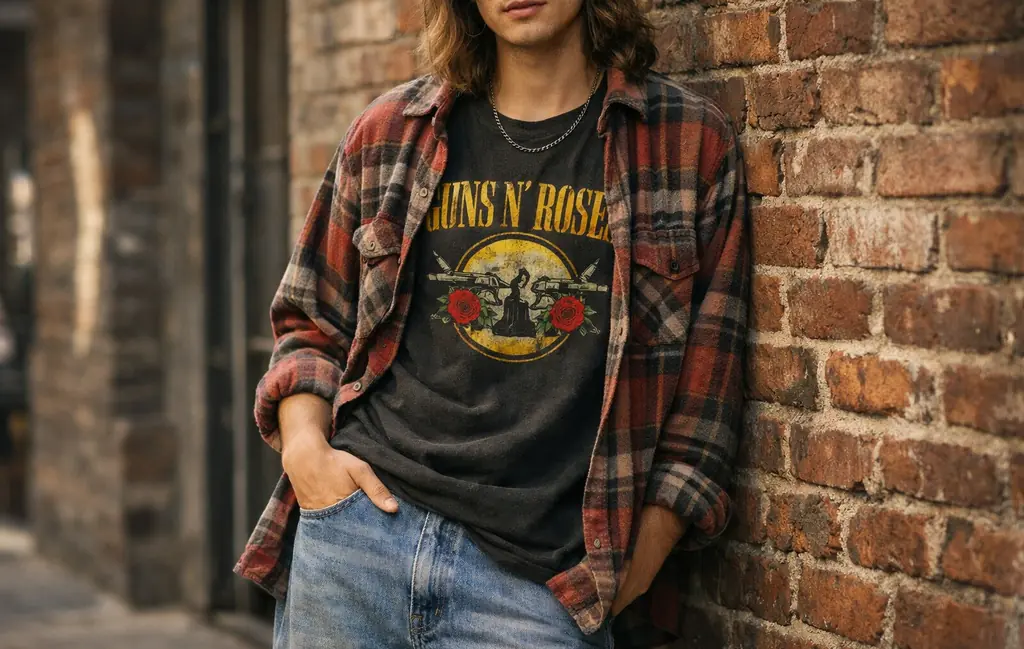 Vintage-inspired rock band tee layered under a flannel shirt for a 90s grunge outfit.