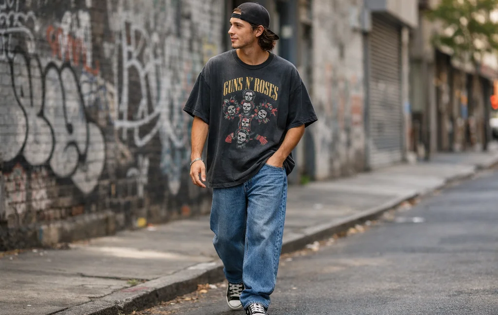Streetwear outfit styled with an oversized vintage rock band tee and casual denim.