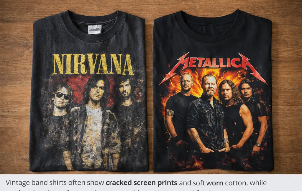 Side by side comparison of vintage band tee cracked screen print and modern rock band T-shirt graphic print.