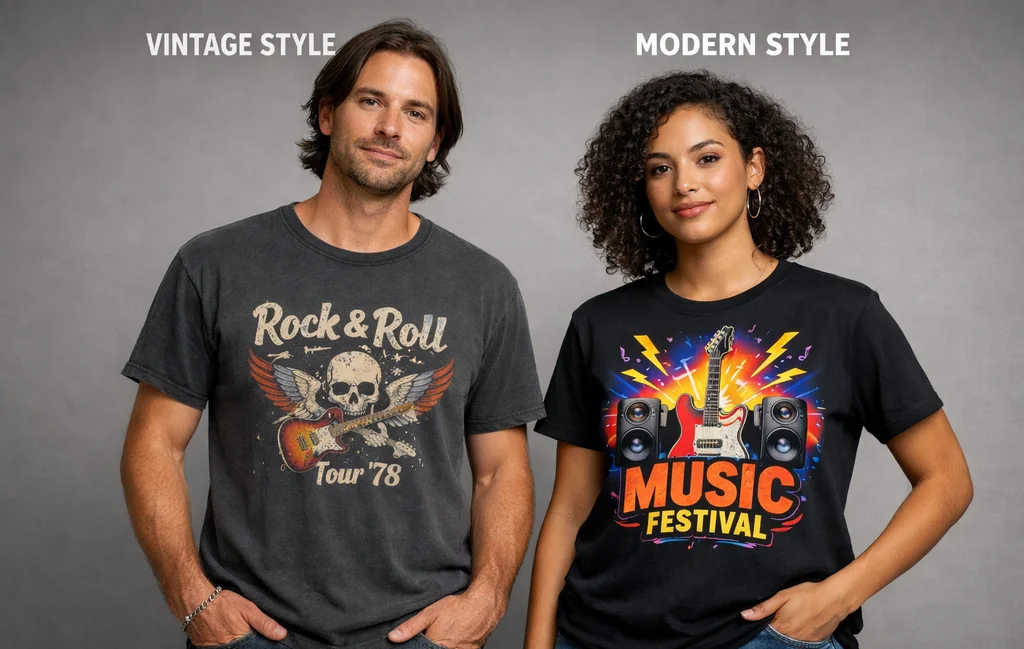 Side-by-side comparison of vintage and modern music graphic tee designs.