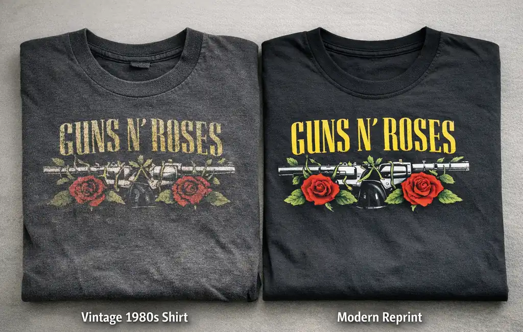 Side by side comparison of vintage 80s rock band shirt and modern reprint band shirt