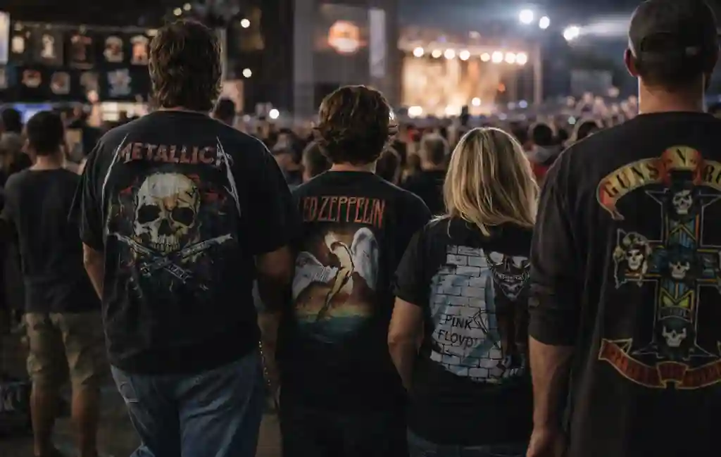 Fans wearing 1990s rock band merch shirts at a concert during the peak era of vintage band tees.