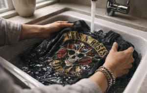Person gently hand washing a vintage graphic shirt in a sink to preserve the print
