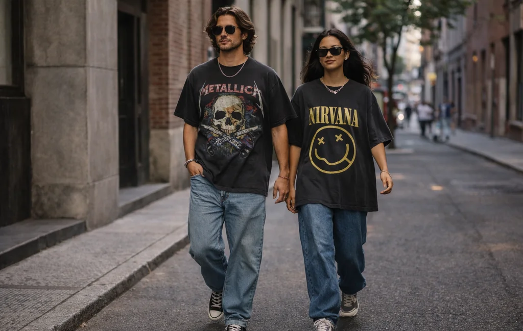 Streetwear fashion featuring an oversized rock band tee styled as part of the oversized band tee trend