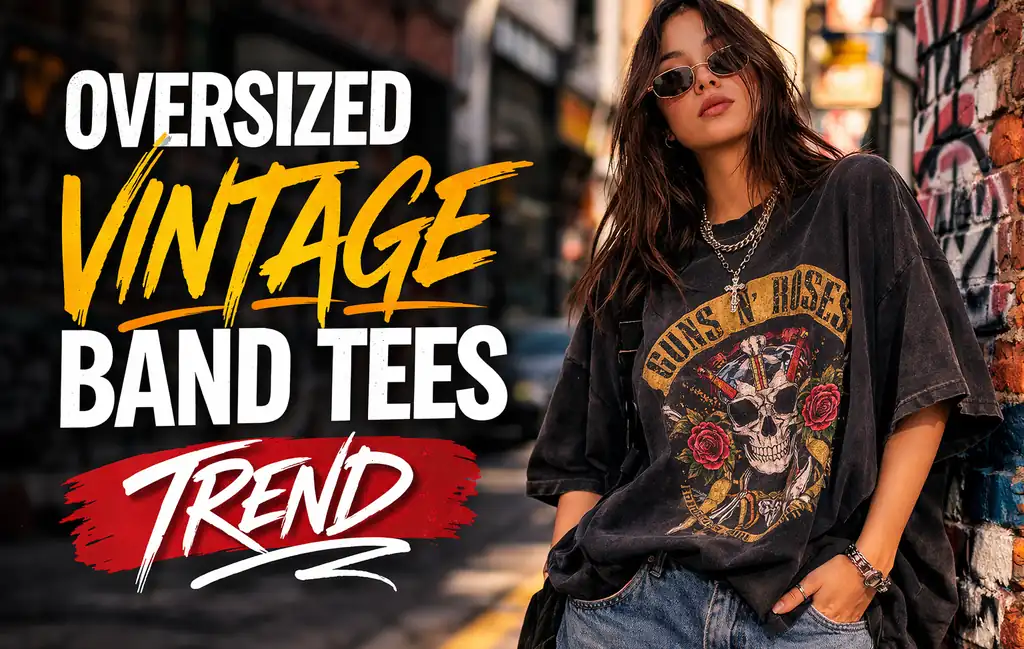 Oversized vintage band tees trend shown in a modern streetwear outfit with a loose vintage rock band shirt