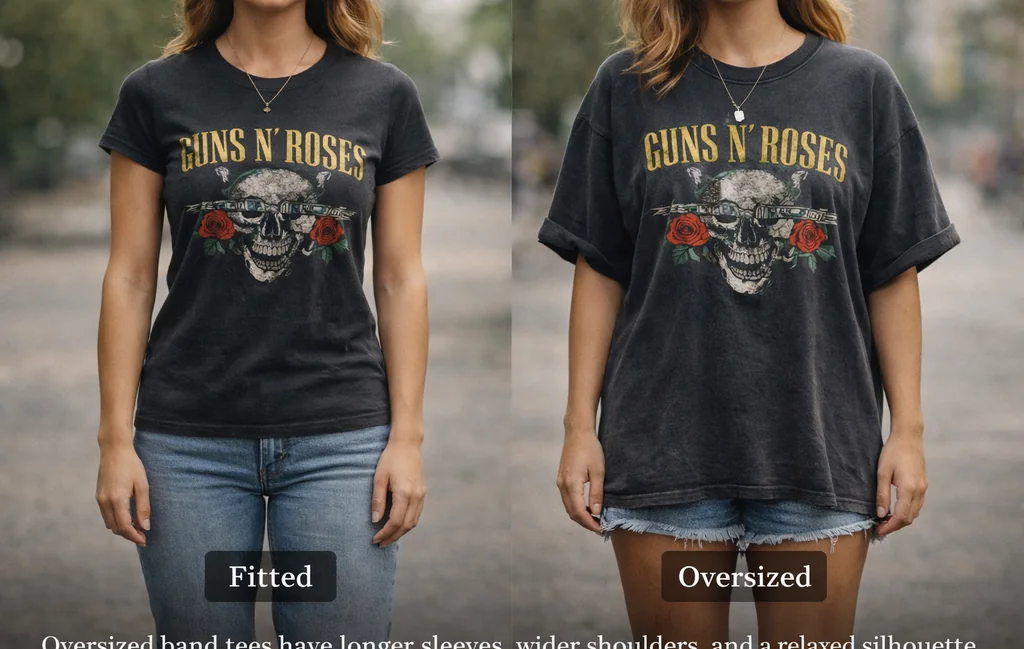 Comparison showing oversized band tee fit versus a standard fitted rock band shirt