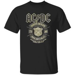 Dirty Deeds Vintage Rock Skull Lightning Badge Artwork Shirt