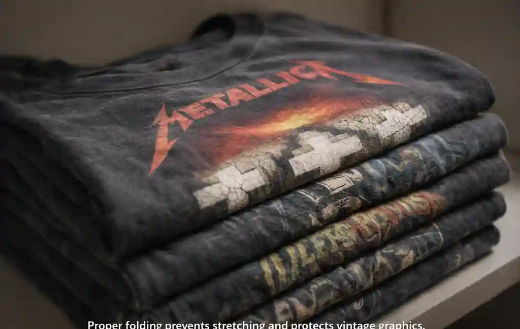 Neatly folded vintage band tees stored to preserve graphic prints