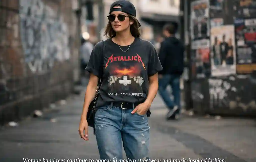 Street style outfit featuring a vintage band tee styled with modern casual fashion.