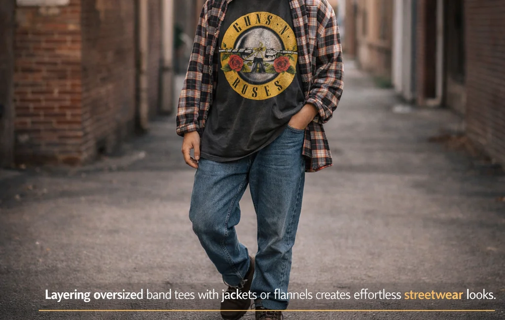 Streetwear outfit demonstrating how to style an oversized vintage band tee with layered fashion pieces