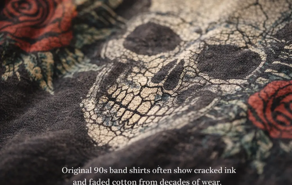 Close-up of cracked screen print on a vintage band tee showing authentic aging from the 1990s.